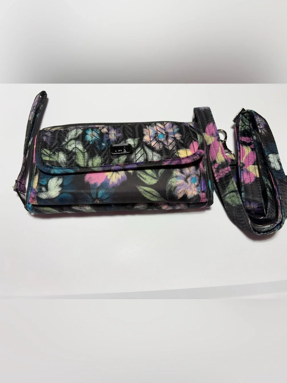 lug Floral Quilted Wristlet Crossbody - Black with Multicolor Flowers
